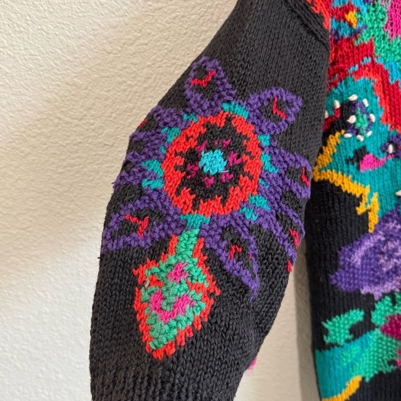 VTG 90's Forenza Hand Knitted Colorful Retro Sweater Bright Floral Funky Groovy - Picture 4 of 8